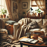 A cozy blog photo representing an untidy but lived-in space, showing a cluttered but inviting living room with a few scattered books, a warm blanket d
